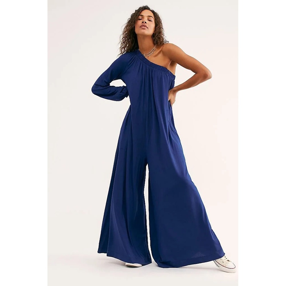 Free People One-Shoulder Wide-Leg Jumpsuit in Bright Blue